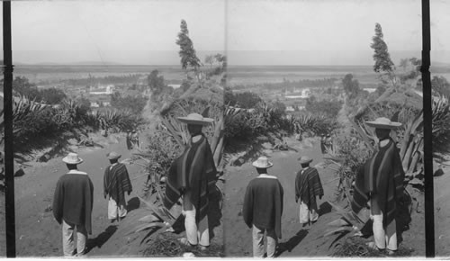 Characteristic costumes of native travelers on hill overlooking Ambato. Ecuador. S.A