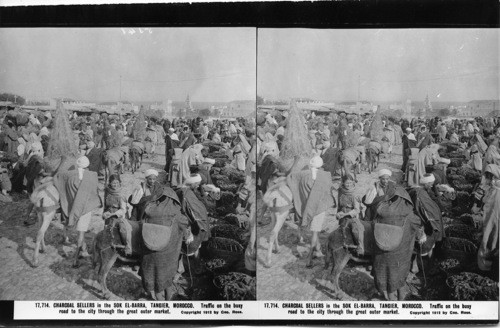 Inscribed in recto: 17,714. CHARCOAL SELLERS in the SOK EL-BARRA, TANGIER, MOROCCO. Traffic on the busy road to the city through the great outer market. Copyright 1912 by Geo. Rose