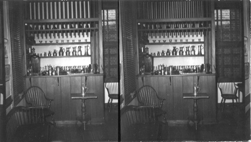 Bar, Raleigh Tavern - The bar of the Raleigh was a favorite gathering place where bargains were sealed and history was made. The tavern has been rebuilt upon the original foundations and authentically furnished after the inventories of its original keepers. Henry Wetherburn, the first known keeper of the tavern, was so famous for his arrack punch that a deed records that William Randolph of Tuckahoe sold two hundred acres of land in Goochland County to Peter Jefferson, father of Thomas Jefferson, in consideration of "Henry Wetherburn's biggest bowl of Arrack punch." Williamsburg, Virginia