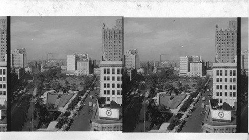 Looking north from the corner of Commerce St. looking down along Broad St. at left and military park place at right, Newark, N.J