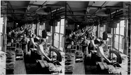 Sole leather department in a shoe factory, Rochester, New York