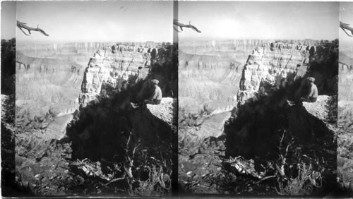 East from Cape Royal to Precipice Point and Angel Window. Colorado River seen through window. Unkar Creek Canyon at our feet. Box 34-17