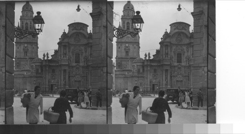 The cathedral from Plaza de Cardenal Belluga. Murcia, Spain