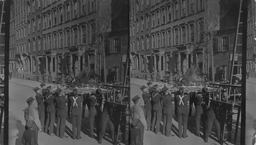 Firemen Jumping from Ladder at Truck House. No. 12. N.Y. City