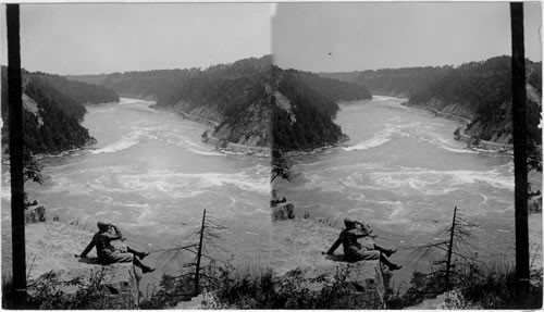 Looking over the whirlpool and down the gorge of the Niagara River. Niagara, N. York