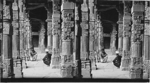 Curiously and Beautifully Carved Pillars of the Hall of the Kitub Mosque, Delhi. India