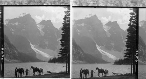 Moraine Lake and its circle of rugged peaks. Desolation Valley. Rocky Mts., Alberta, Canada