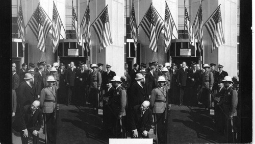 Leaving Century of Progress Administration Bldg. after short visit. Gov. Homer at aide's left, Oct. 2nd