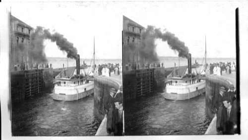 Eastbound Vessels passing Locks and Leaving Canal (Canada in Distance), Sault Ste. Marie. Michigan