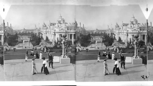 World's Fair, North over the Lagoon between Electricity (right) and Machinery buildings from West, Pavilion