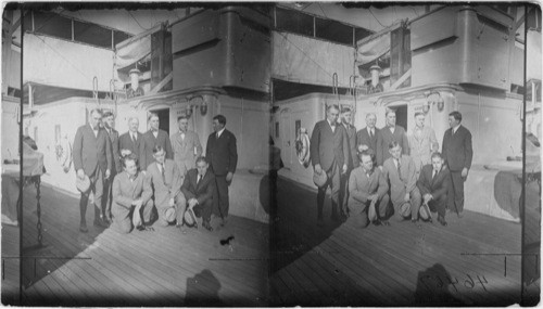 Member of Gudison Club on board U.S.S. Henderson, l to r, Carter Field, N.Y. Tribune; Chas Ross, St. Louis Post Dispatch; Scott Bone, Gov. of Alaska; Q.V. Oulator, N.Y. Times; A. Sinnott, Newark News; Robert Armstrong, Los Angeles Times; Wilcox, Chicago Tribune; J. Hayden, Detroit News; Robert Barry, Philadelphia Ledger. [dup collection, EWE '83]