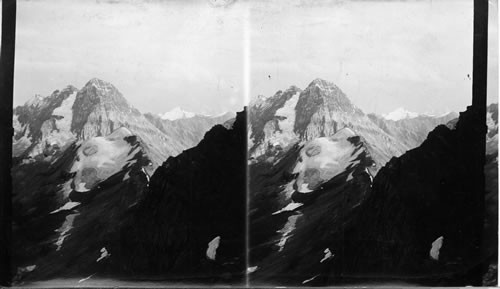 Panorama of Mountain Peaks - Mt. Stephen, Mt. Field and their snow capped neighbors from a mile high on Wapta, Canadian Rockies, B.C., Can