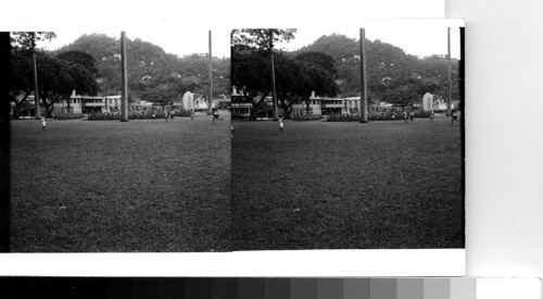 British West Indies - Island of St. Lucia - Castries: Park and street beyond in the downtown city. Sawders 1949