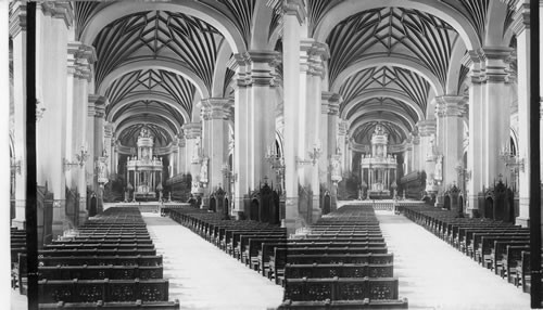 Interior Cathedral, looking toward altar from principal entrance. Lima, Peru