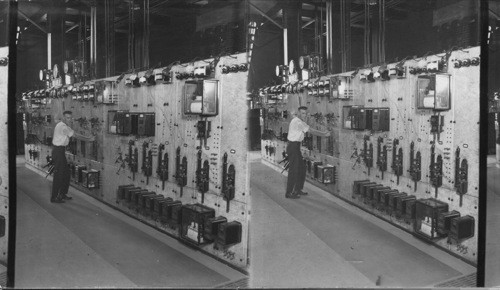 Switch board inside. Hydro electric powerhouse, C. 18th Station. Petersborough, Ont