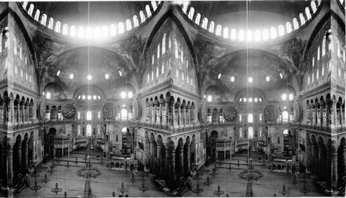 Viewing St. Sophia Mosque from the gallery. A mighty interior. Constantinople, Turkey