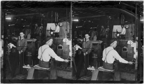 Putting the finishing touches on the neck and mouth of the bottle, American Glass Bottle Co., Penna