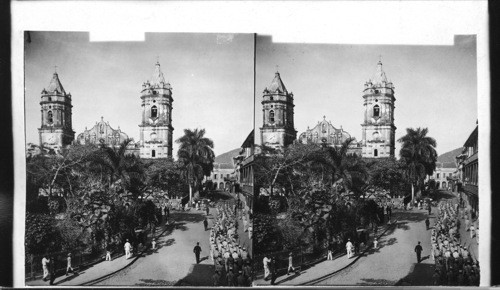 Soldiers going to the cathedral on Sunday morning - finest structure in Panama. Panama