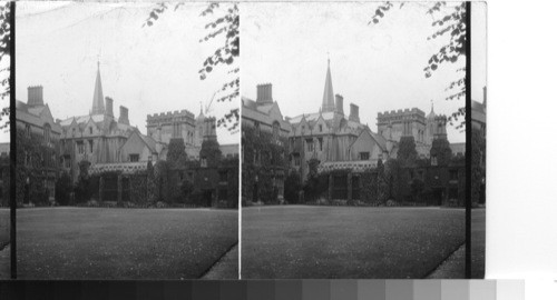 One of the courts of Pembroke College. Oxford, Eng. Arrow points to tower of Christ's Church