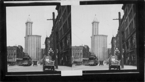 Looking up Second Ave., So. from Jackson St., showing Smith Bldg. at 2nd Ave., and Yesler way. Seattle, Wash