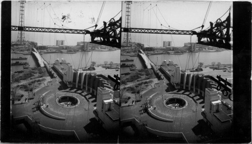 Construction is being rushed for the opening of the World's Fair, June 1st. Looking from the 240 foot level of the western skyride tower eastward across the lagoon to the Electrical Unit Buildings, below the North Colonnade of the Hall of Science and the circular opening for the ornamental fountain fronting it, Century of Progress, Chicago, Ill