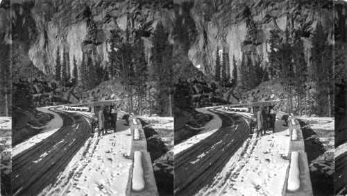 On the "Independence Pass Highway" at a point about 10 miles East of Aspen. Colo. looking North. Pitkin County. Be sure to trim high to show formation of mountain side taken with portrait film