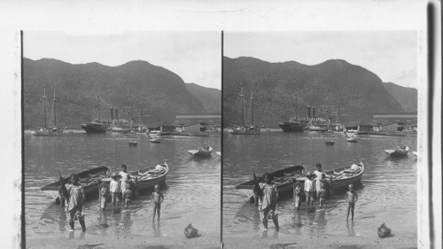 Harbor of Pago-Pago, showing S.S. Sonoma at naval dock, along with old training ship, Adams (looking N.E.). Samoan Islands