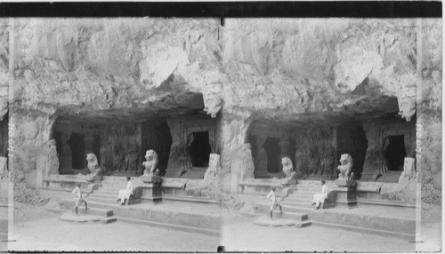 The Lion entrance to the wonderful rock-carved Caves of Elephanta, near Bombay, India