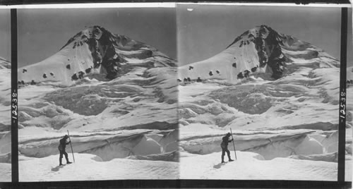 Mt. Hood from Elliot Glacier showing steep slopes on left where ascent is made