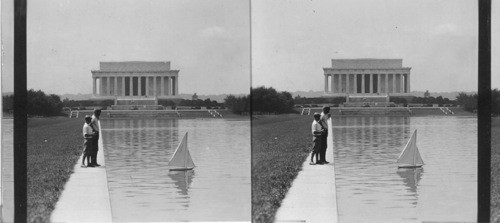 Reflecting Pool and Lincoln Memorial. Boy with Sail Boat. Wash. D.C