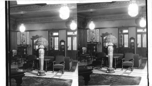 Reception room, Chinatown City Hall of Chicago, Ill. Lamp valued at $12,000, hand made in China with lead inlay