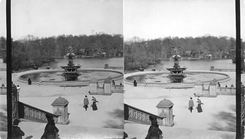 Terrace and Fountain with View of Lake. Central Park. N. York City