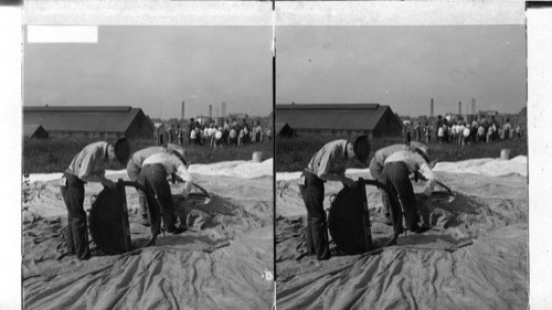 Taking the heavy canvas cover off the delicate silk bag. U.S. Army Balloon Corps. Wash., D.C