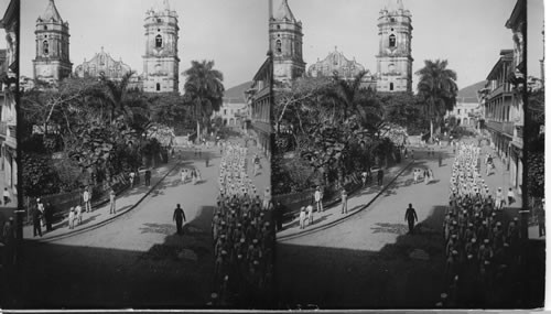 Soldiers going to the Cathedral on Sunday Morning - - finest structure in Panama