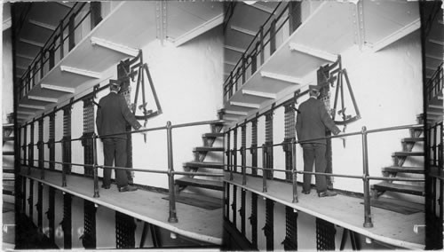 Interior of a prison showing tiers of cells