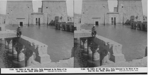 Inscribed in recto: 17,034. THE TEMPLE OF ISIS (285 B.C.), Partly Submerged by the Waters of the Great Nile Dam, PHILAE, UPPER EGYPT. Copyright 1914 by Geo. Rose