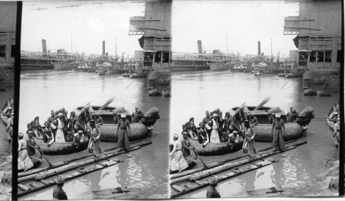 Navigation contrasts at Bagdad - “Kufas” meeting European steamer, Mesopotamia