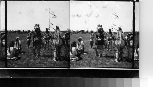 Groups of Indians on Side Line between sham battles. Fort Belknap Reservation, Mont., July 1906