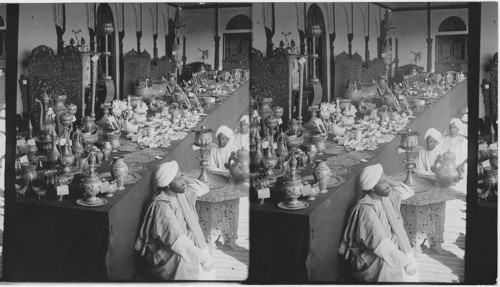 Exhibit for Lady Curzon - enamelware, Silverware, and woodcarving, Srinagar, India