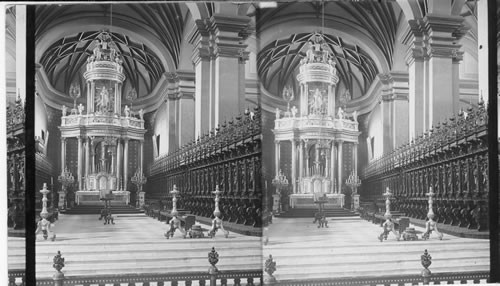 Altar inlaid with jewels and choir stalls of cathedral. Lima, Peru