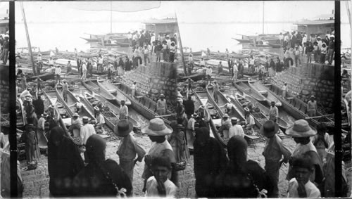 Market stalls in canoes along the waterfront with vendors and customers, Guayaquil, Ecuador