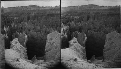 South from rim into canyon and "Tower of London" in center. Impossible to place life. Better trim as I show - cut off a little of top but show depth (down) of canyon. Bryce Canyon. Utah