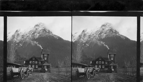 Prosperous ranch house at Puella, Chile, showing volcano "El Techado", Chile