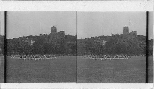 Dress Parade of Cadets at West Point Chapel and Observatory in Background. West Point, New York