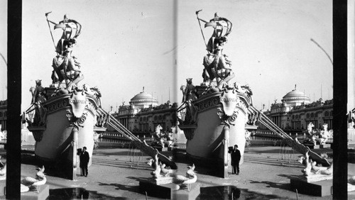 The Old Photo at the Fair, Worlds Columbian Exposition. [sculpture of a ship named "Columbia"]