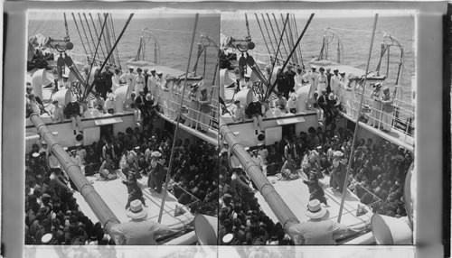 Title probably should read, Japanese Dancers Entertaining Voyagers Abroad A Pacific Mail Steamer - In album this don't have any neg. G8353 title is G8353. This prints checks with neg. G8349