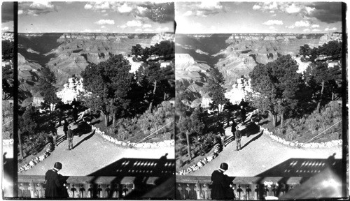 This is practically same view as 48016 Box 363, only taken more to the right of 48016 - Title of this is the same as 48016; View of Grand Canyon from veranda of El Tovar Hotel. Near dup of 48016