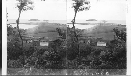 At the Pacific entrance of Canal, showing fortified islands, wireless tower and breakwater, Panama