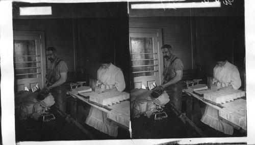 Making up Butter in pound packages at a model dairy, Central N.York