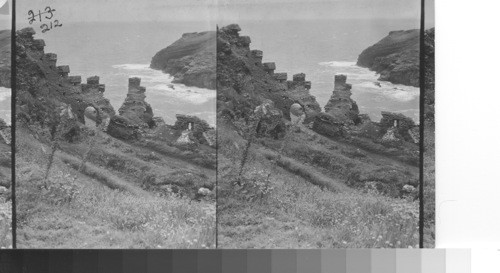 Ruined Norman wall at Tintagel, Cornwall coast legendary site of King Arthur's Castle. England